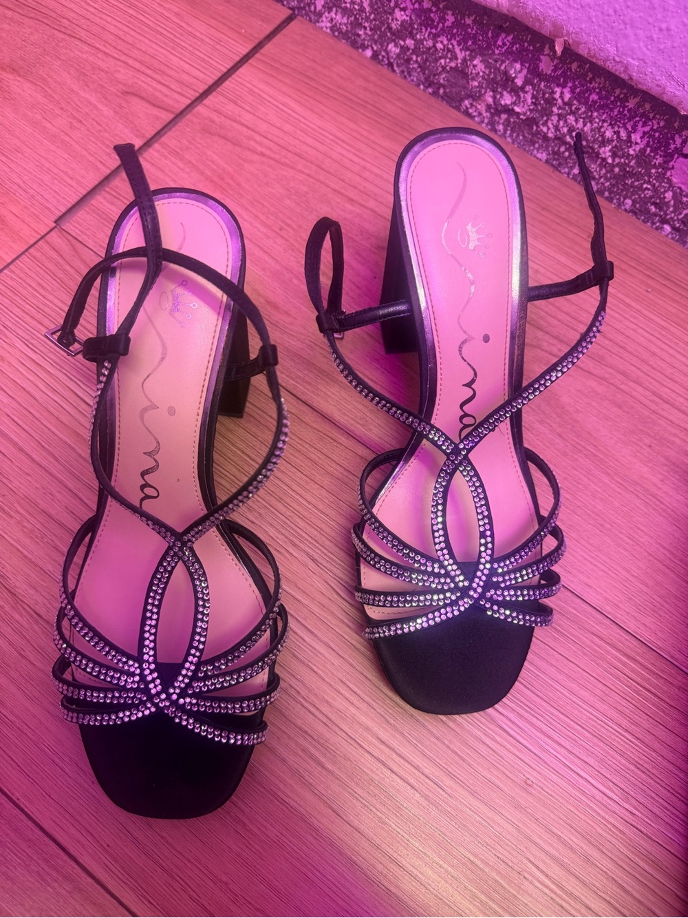 Nina Black Rhinestone Strappy Block Heel Sandals